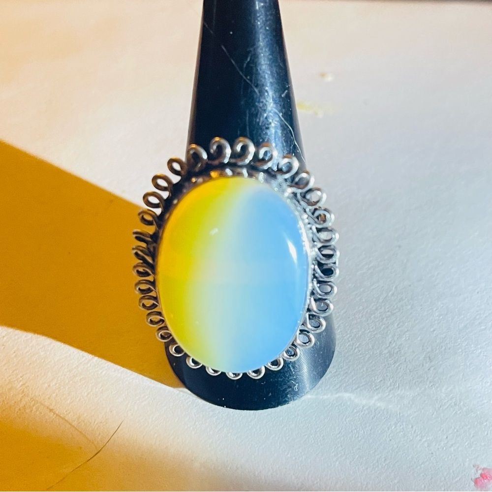 New 925 Sterling Silver Blue Yellow Triplet Opalite Artisten Oval Cut Ring - Picture 8 of 17